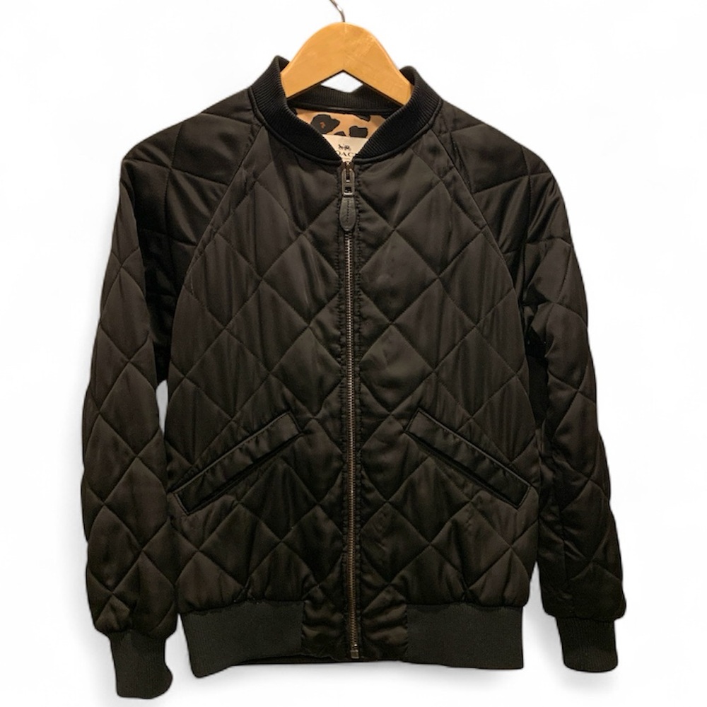 COACH Black Quilted Leopard Print Bomber Jacket